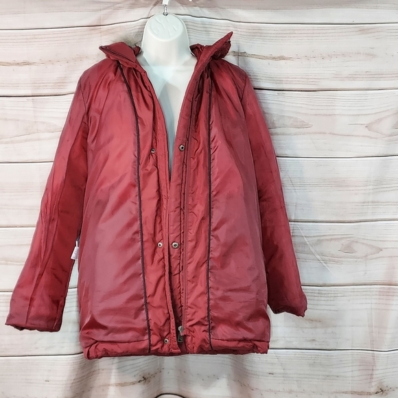 Larry Levine puffer jacket fur trim hood pockets quilted chevron rust red L - Picture 6 of 13